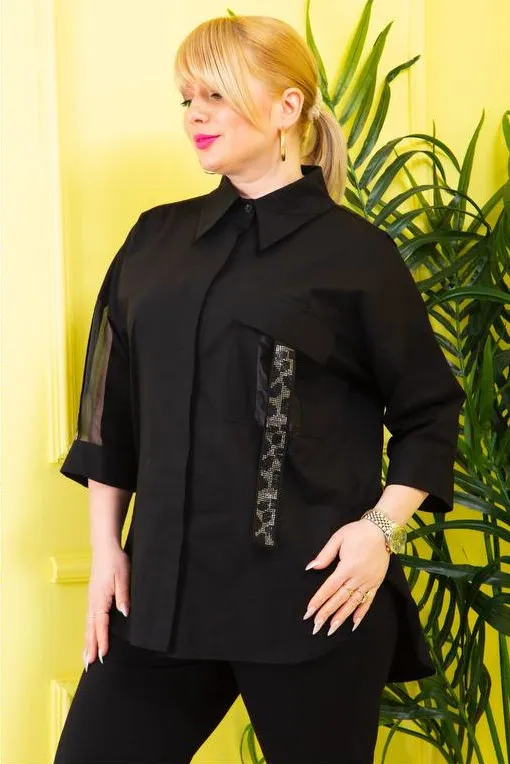 Блуза черная классическая с тесьмой FLAMAR
